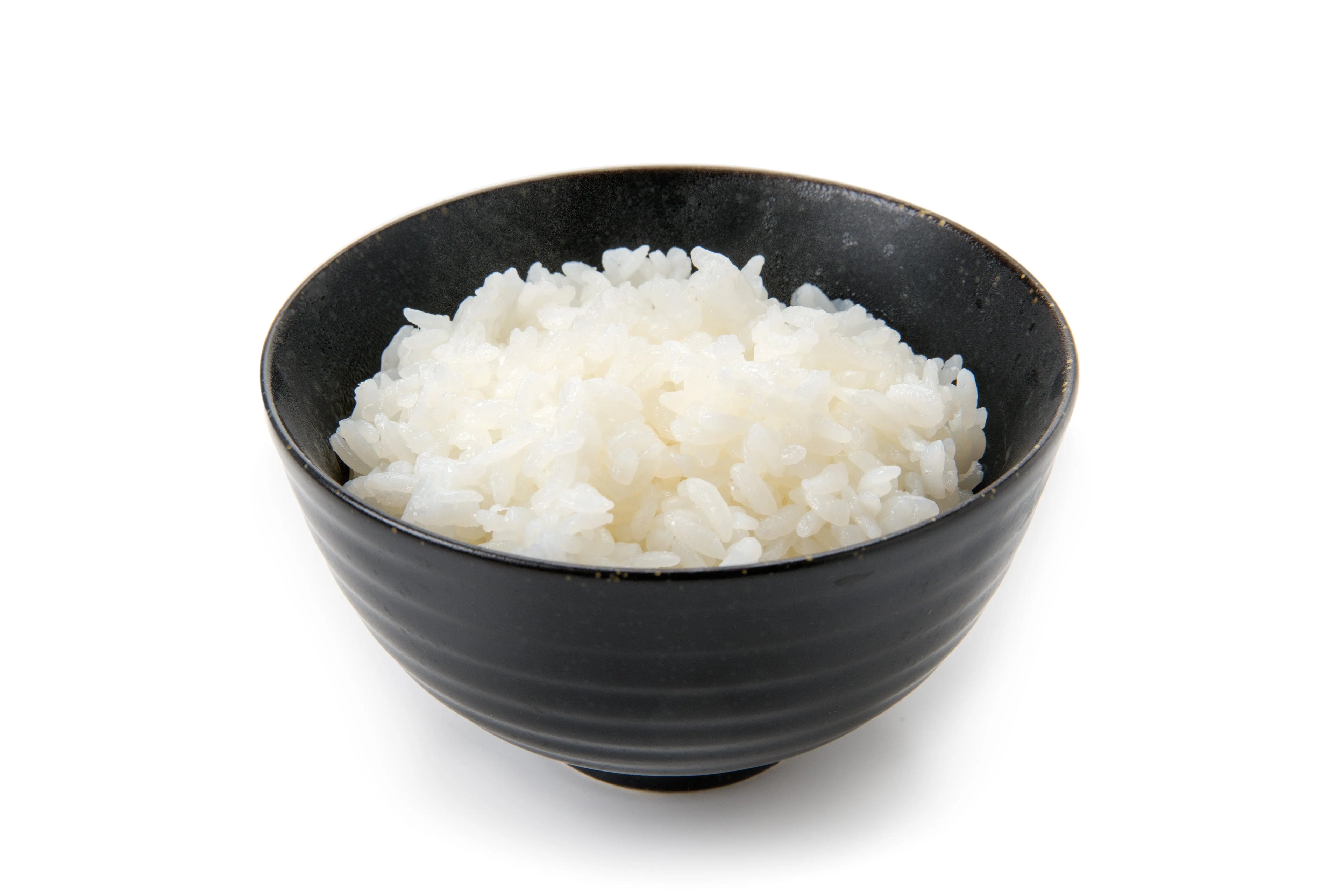 白米（つやひめ）の炊きたてご飯が黒い茶碗に入った写真