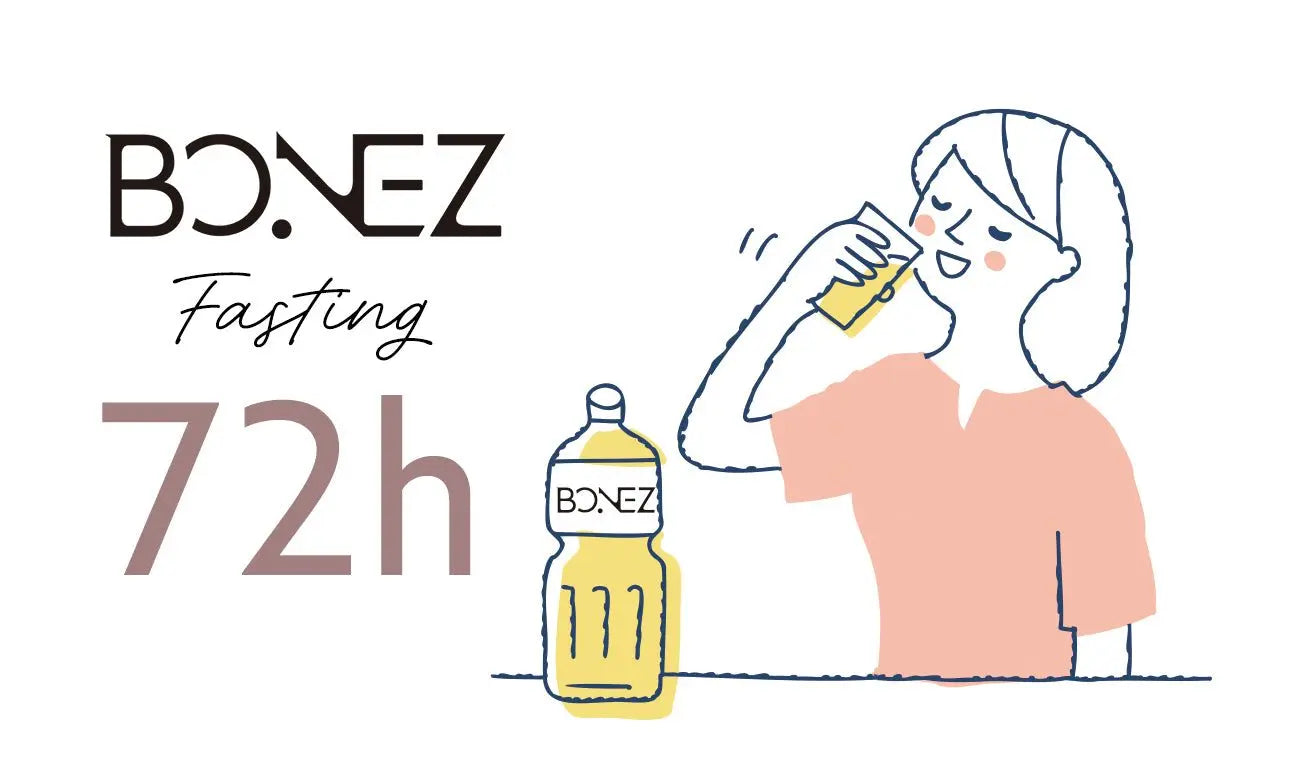 72時間ファスティング用ボーンブロススープBONEZと女性が飲むイラスト